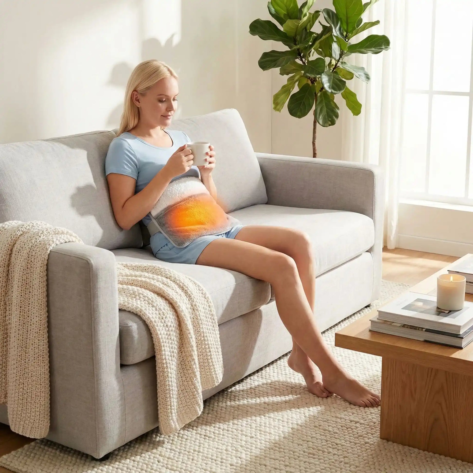 coussin chauffant sur le ventre assis sofa